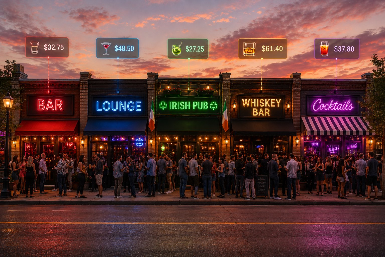 A row of bars at night, each with a drink price floating above its neon sign