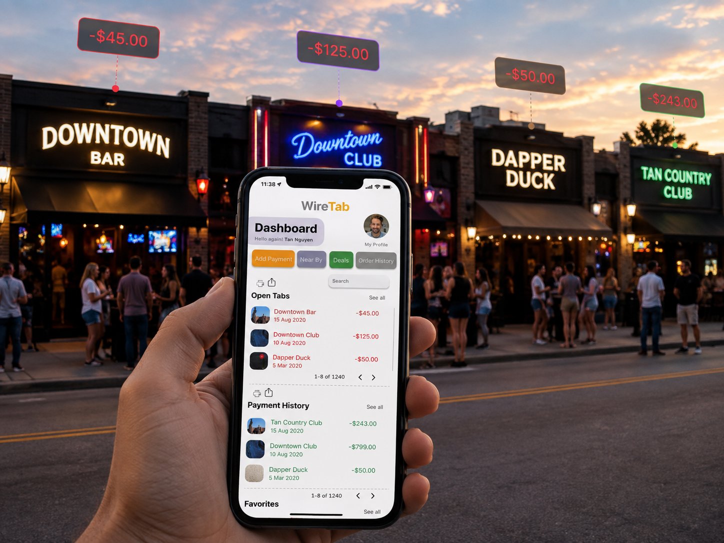 Someone outside checking their WireTab dashboard, showing open tabs across several venues