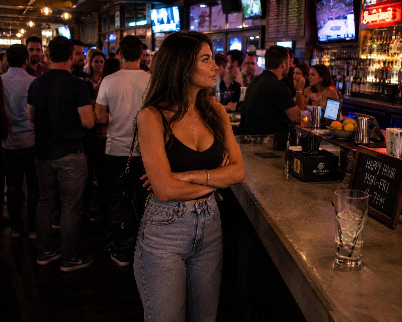 A woman with her arms crossed waiting at a bar counter